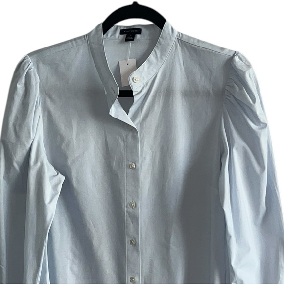 Ann Taylor Light Blue Banded Collar Puff Sleeves Button Blouse Size 4 NWT - Picture 2 of 8